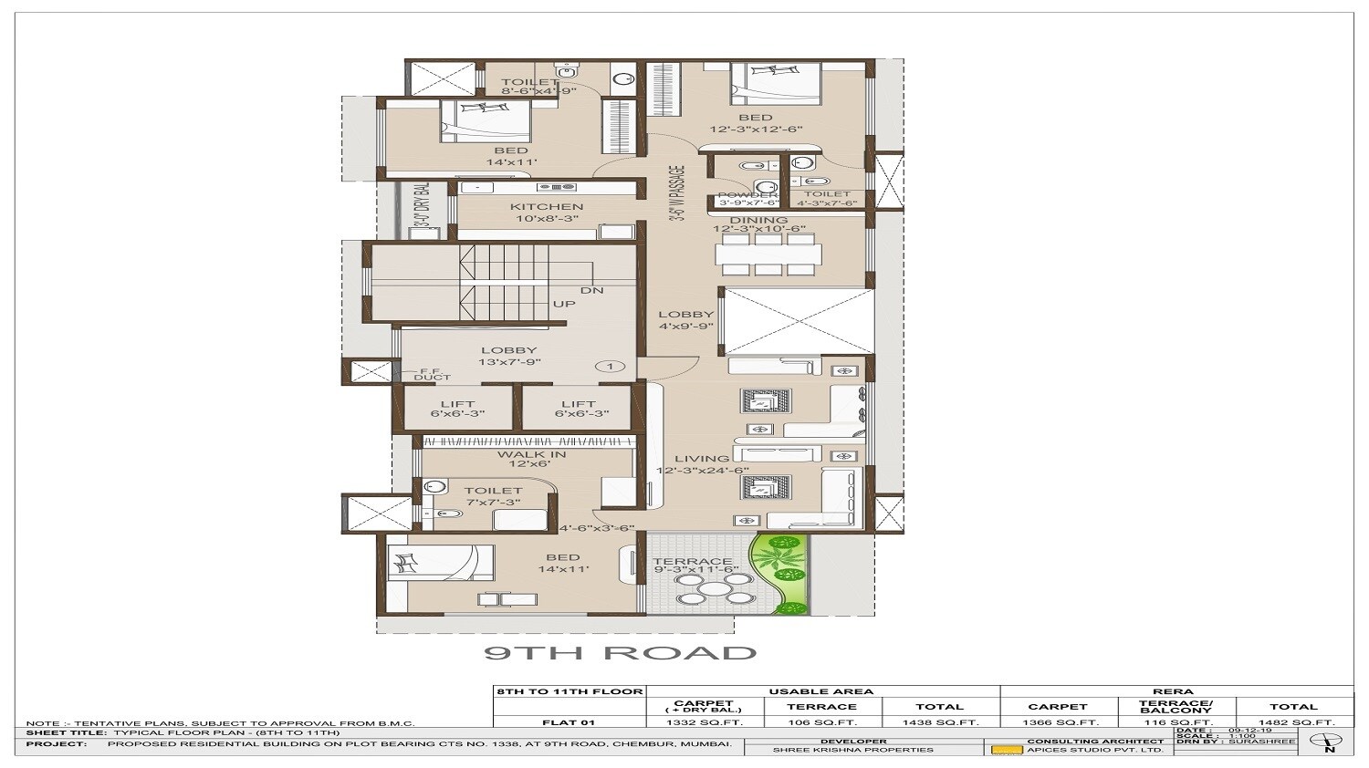 Floor plan of 3 BHK 1366 Sq. Ft. Apartment in Shree Krishna Chandrika, Mumbai