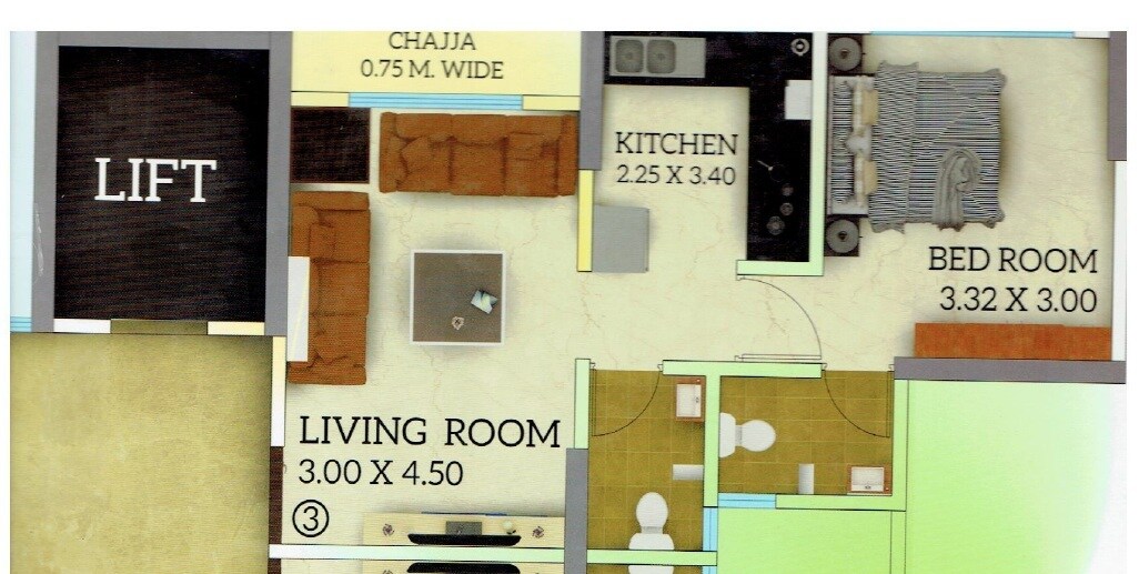 Floor plan of 1 BHK 406 Sq. Ft. Apartment in Shree Krishna Daffodil Heights, Mumbai
