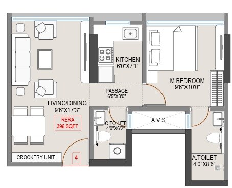 Floor plan of 1 BHK 396 Sq. Ft. Apartment in Shree Krishna Heights, Mumbai