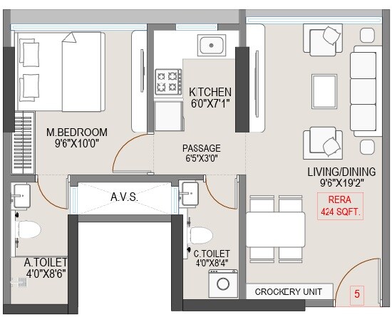 Floor plan of 1 BHK 424 Sq. Ft. Apartment in Shree Krishna Heights, Mumbai