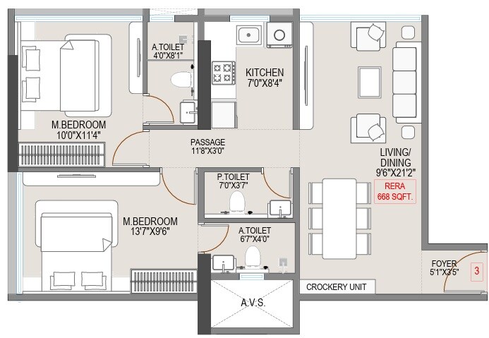 Floor plan of 2 BHK 668 Sq. Ft. Apartment in Shree Krishna Heights, Mumbai