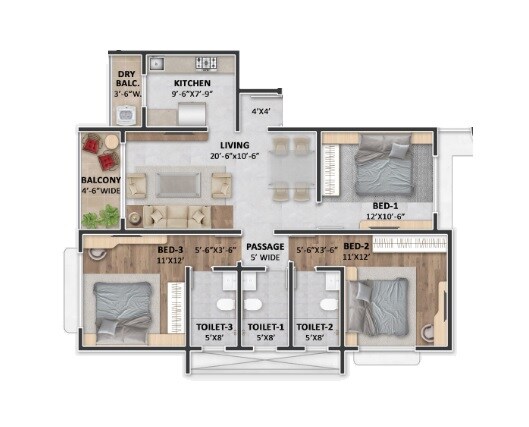 Floor plan of 3 BHK 1142 Sq. Ft. Apartment in Shree Krishna Navageeta, Mumbai