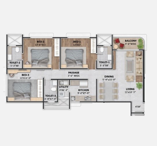 Floor plan of 3 BHK 1163 Sq. Ft. Apartment in Shree Krishna Navageeta, Mumbai
