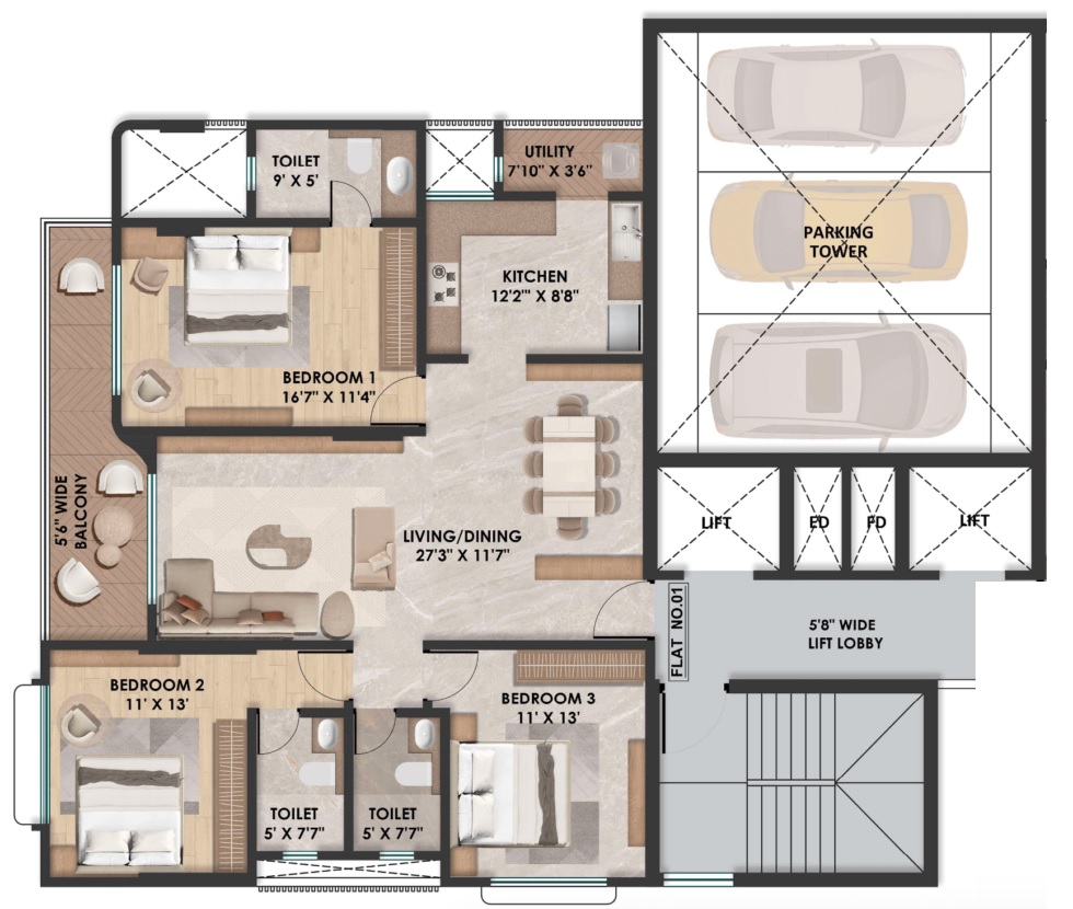 3 BHK 1268 Sq. Ft. Apartment in Shree Krishna Om Niwas