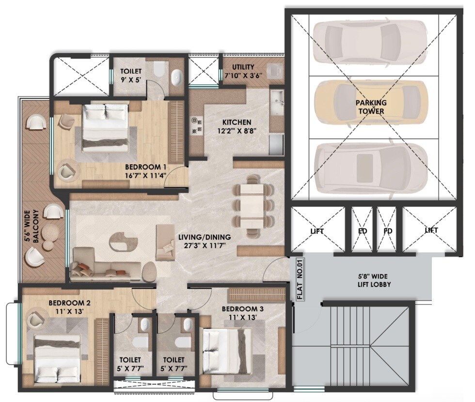 Floor plan of 3 BHK 1268 Sq. Ft. Apartment in Shree Krishna Om Niwas, Mumbai