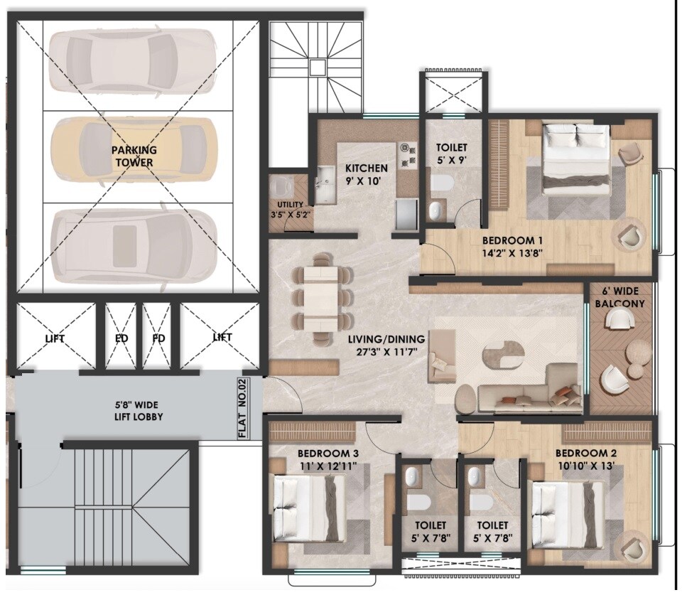 Floor plan of 3 BHK 1323 Sq. Ft. Apartment in Shree Krishna Om Niwas, Mumbai