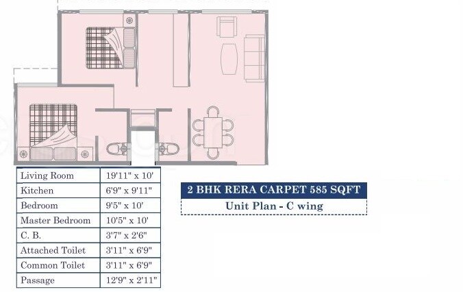 Floor plan of 2 BHK 585 Sq. Ft. Apartment in Shree Krushna Tower, Mumbai