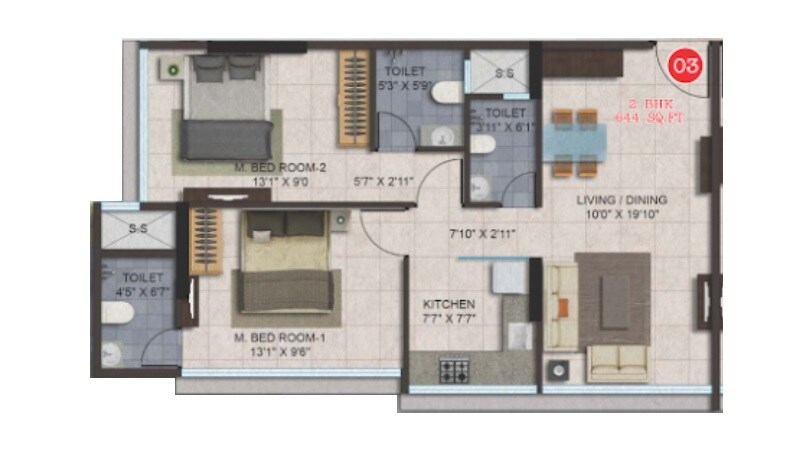 Floor plan of 2 BHK 644 Sq. Ft. Apartment in Shree Lotus Tower, Mumbai