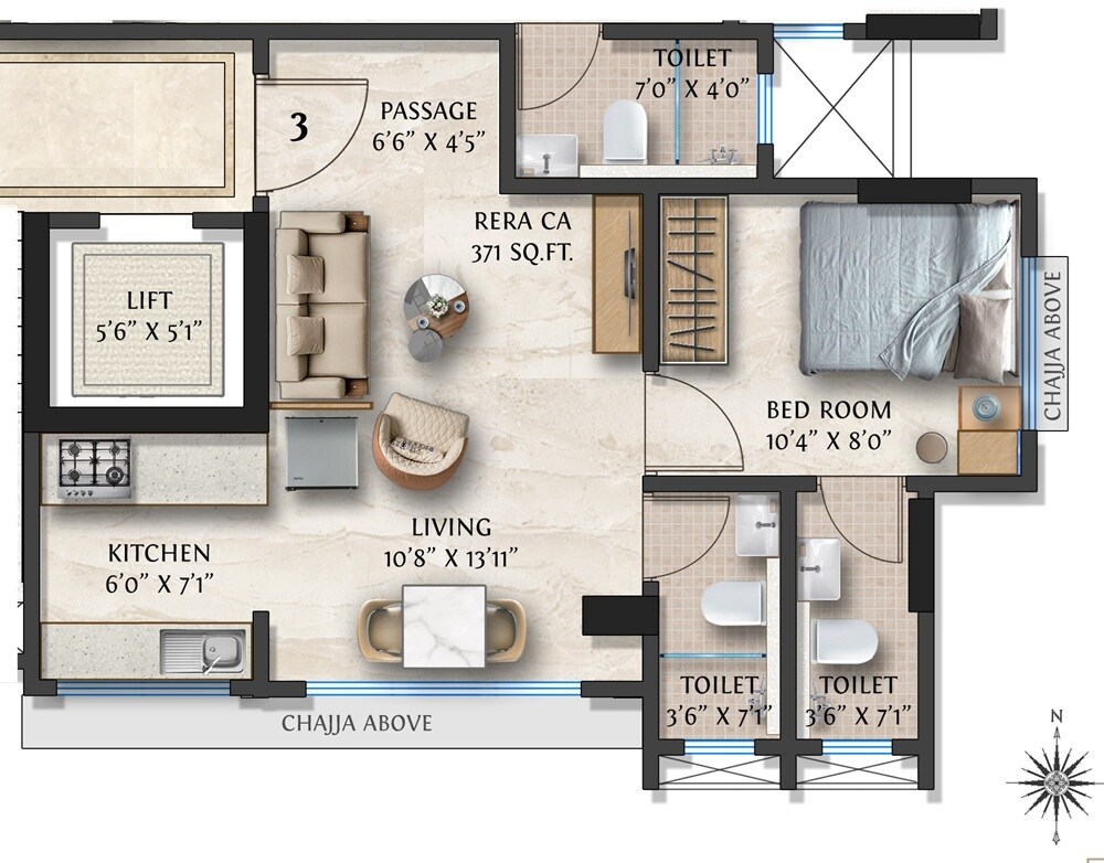 1 BHK 371 Sq. Ft. Apartment