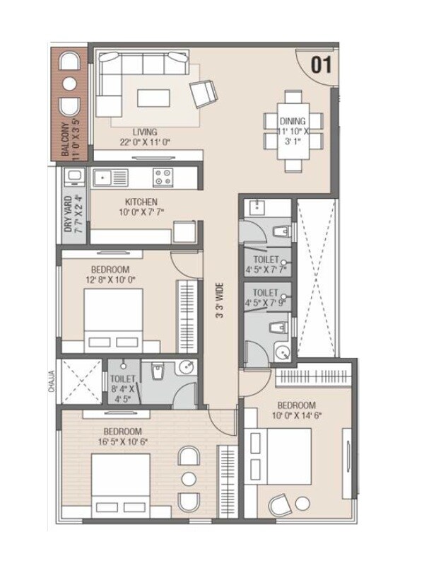 Floor plan of 3 BHK 1100 Sq. Ft. Apartment in Shree Mahavir Park Grandezza, Mumbai