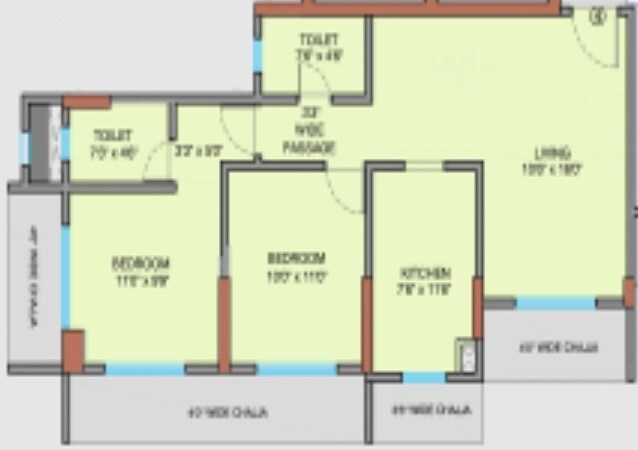 Floor plan of 2 BHK 607 Sq. Ft. Apartment in Shree Nakoda Heights, Mumbai