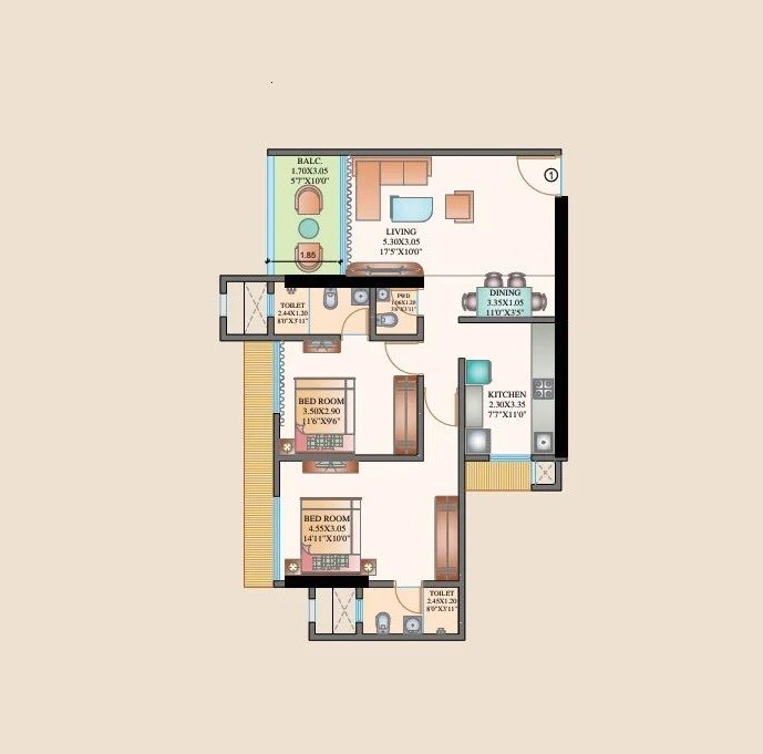 Floor plan of 2 BHK 751 Sq. Ft. Apartment in Shree Om Paradise CHS, Mumbai