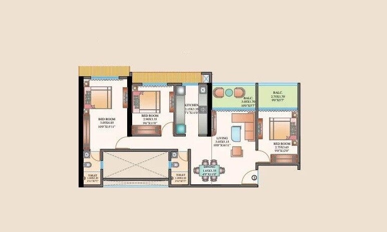Floor plan of 3 BHK 808 Sq. Ft. Apartment in Shree Om Paradise CHS, Mumbai