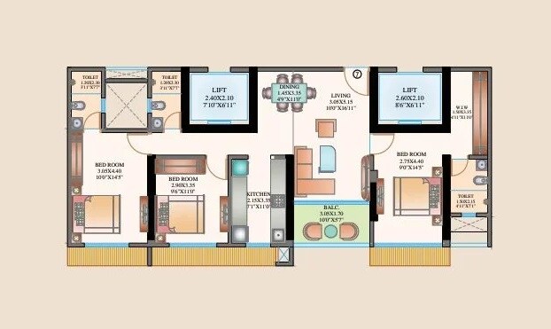 Floor plan of 3 BHK 922 Sq. Ft. Apartment in Shree Om Paradise CHS, Mumbai