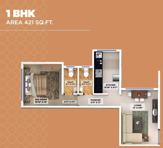 Floor plan of 1 BHK 421 Sq. Ft. Apartment in Shree Omkar, Mumbai
