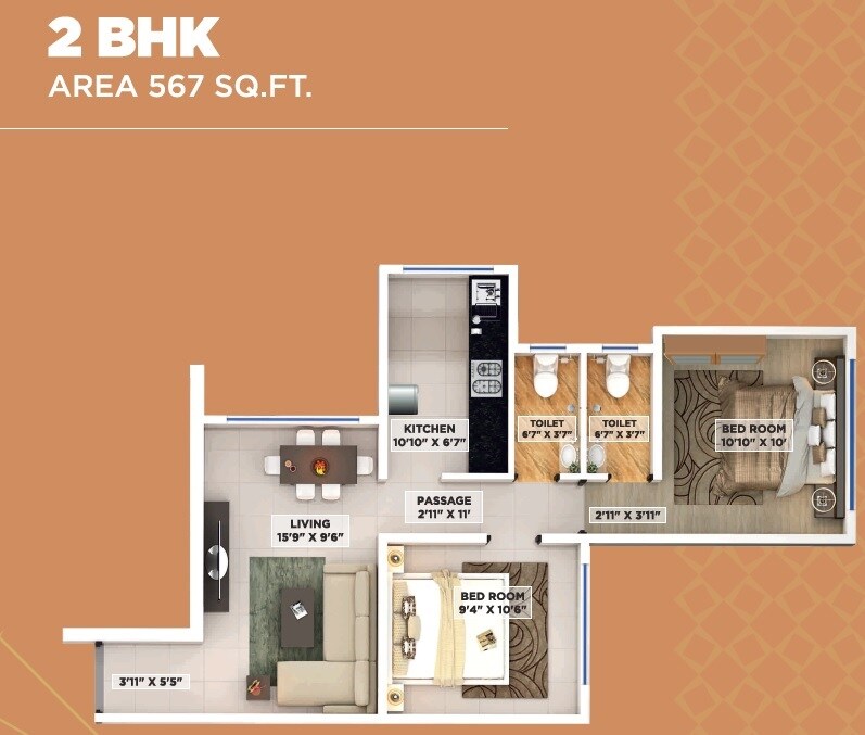 Floor plan of 2 BHK 567 Sq. Ft. Apartment in Shree Omkar, Mumbai