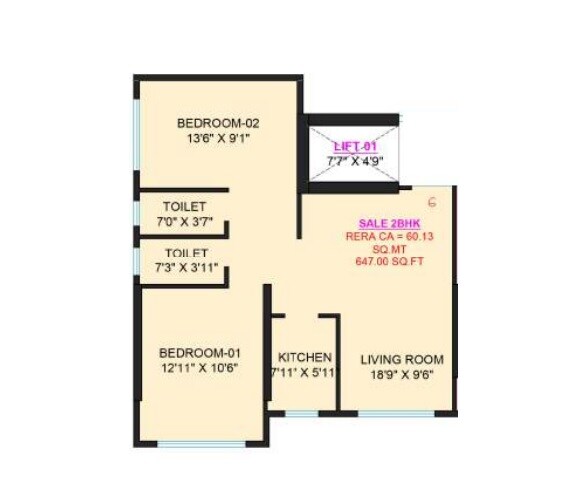 Floor plan of 2 BHK 650 Sq. Ft. Apartment in Shree Pushpanjali Residency, Mumbai