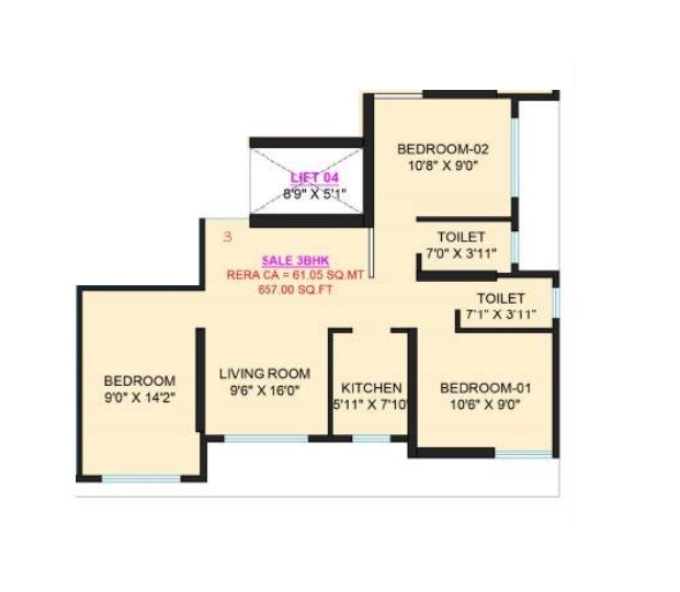 Floor plan of 3 BHK 657 Sq. Ft. Apartment in Shree Pushpanjali Residency, Mumbai