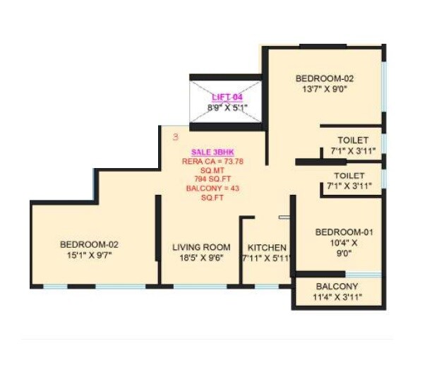 3 BHK 795 Sq. Ft. Apartment