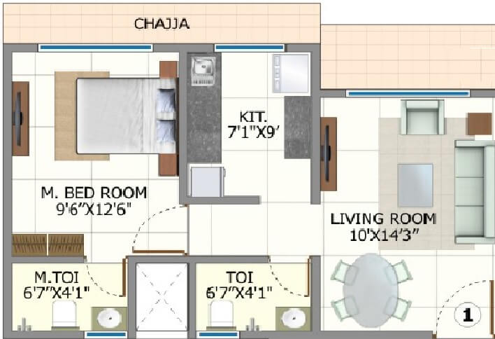 Floor plan of 1 BHK 424 Sq. Ft. Apartment in Shree Riddhi Siddhi Sumukh Hills, Mumbai