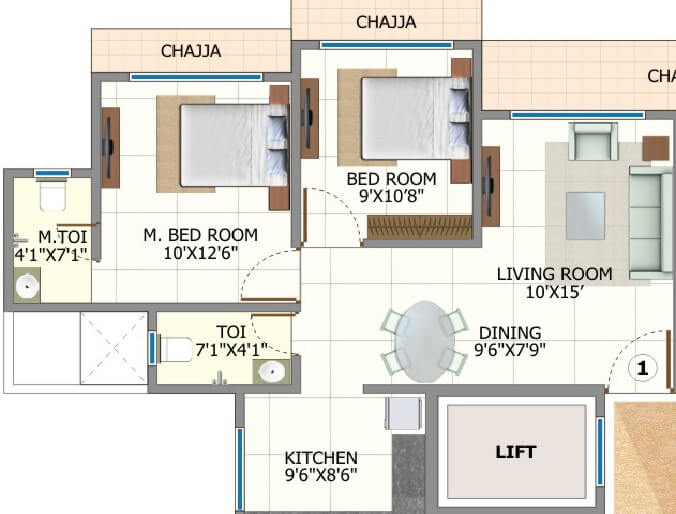 Floor plan of 2 BHK 612 Sq. Ft. Apartment in Shree Riddhi Siddhi Sumukh Hills, Mumbai