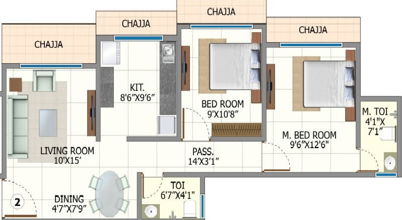 Floor plan of 2 BHK 620 Sq. Ft. Apartment in Shree Riddhi Siddhi Sumukh Hills, Mumbai