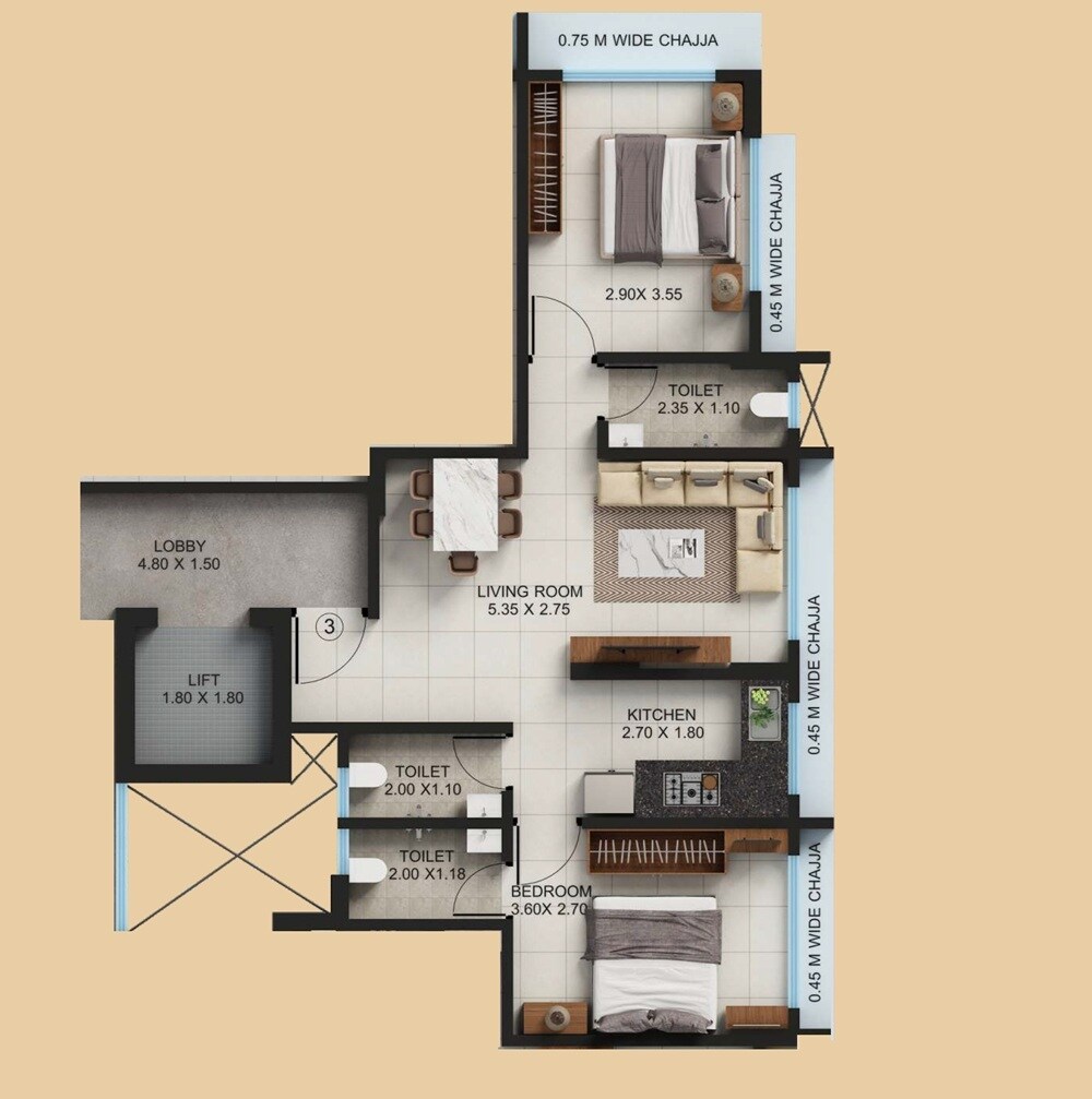 Floor plan of 2 BHK 597 Sq. Ft. Apartment in Shree Sadasukh, Mumbai