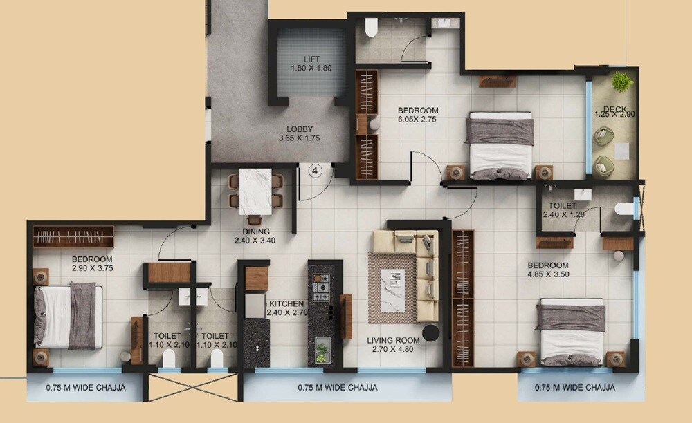 Floor plan of 3 BHK 1062 Sq. Ft. Apartment in Shree Sadasukh, Mumbai