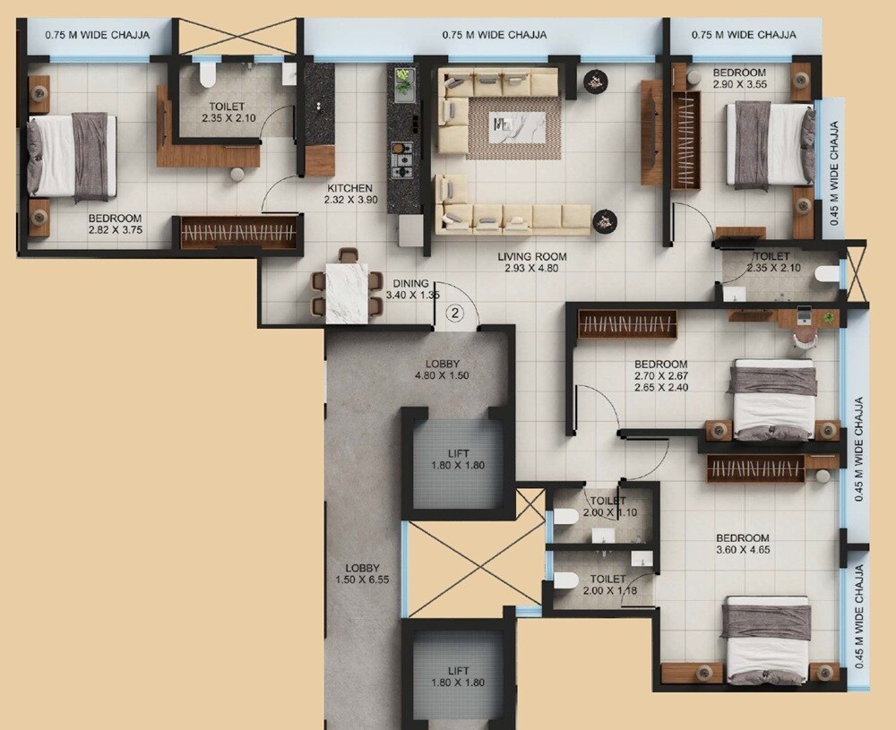 Floor plan of 4 BHK 1264 Sq. Ft. Apartment in Shree Sadasukh, Mumbai
