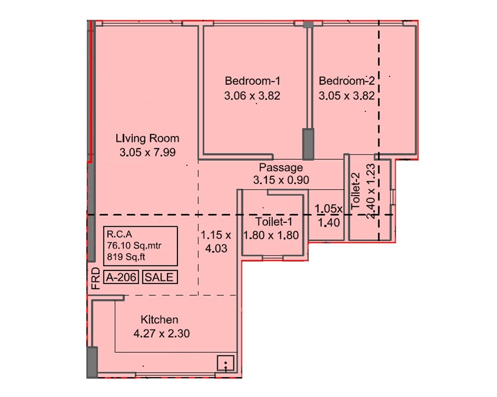 Floor plan of 2 BHK 819 Sq. Ft. Apartment in Shree Sadhana Society, Mumbai