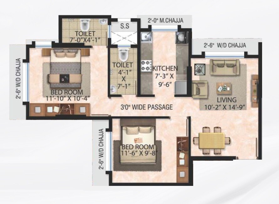 2 BHK 574 Sq. Ft. Apartment