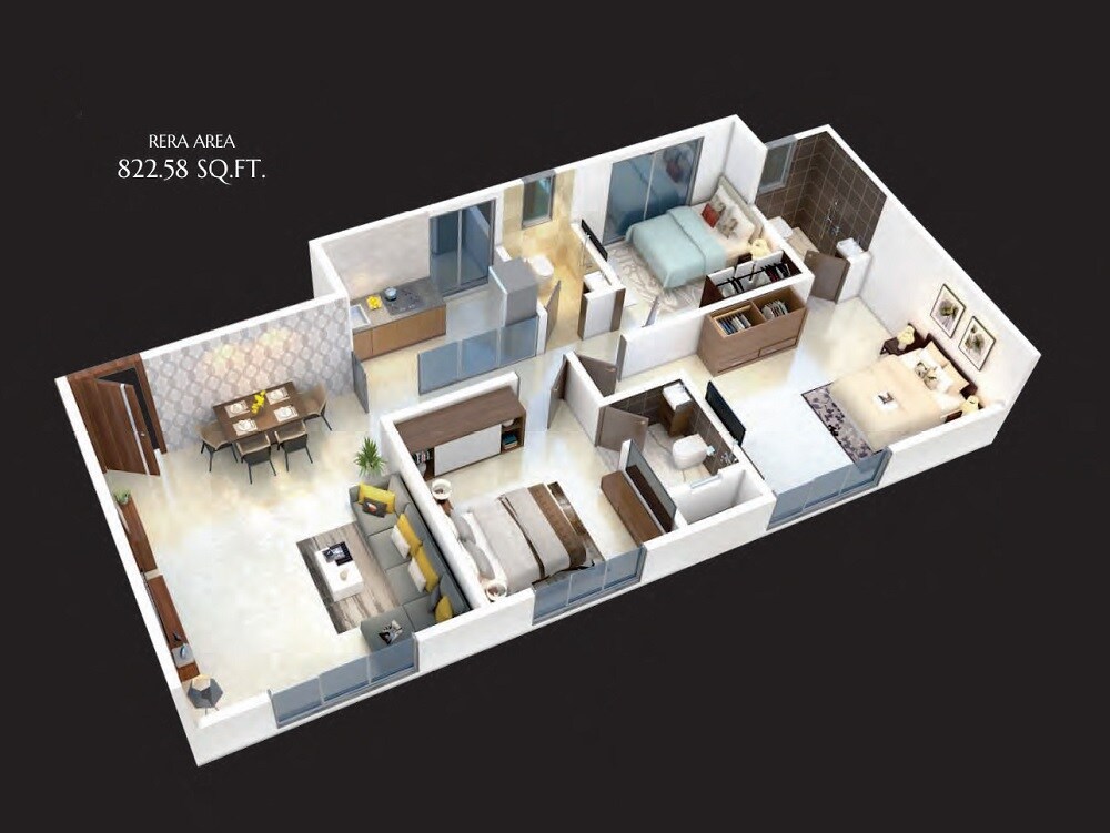Floor plan of 3 BHK 822 Sq. Ft. Apartment in Shree Sainath Prathamesh Elite, Mumbai