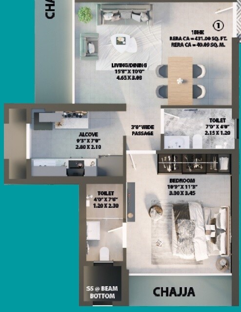 Floor plan of 1 BHK 431 Sq. Ft. Apartment in Shree Samarth Aura, Mumbai