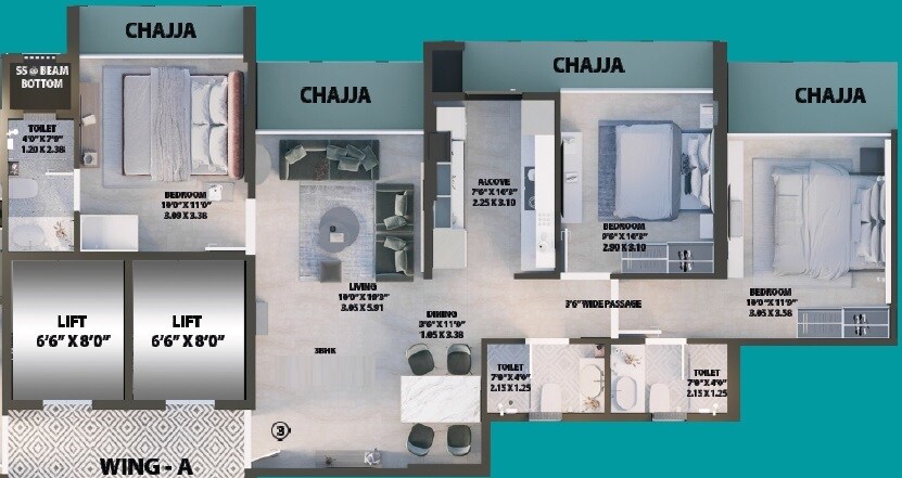Floor plan of 3 BHK 807 Sq. Ft. Apartment in Shree Samarth Aura, Mumbai