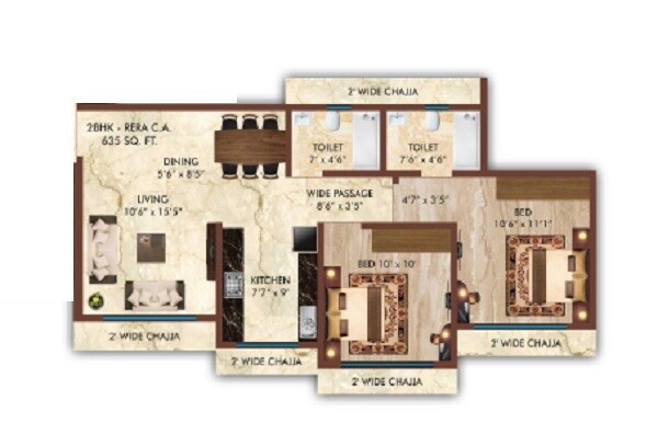 Floor plan of 2 BHK 635 Sq. Ft. Apartment in Shree Saraswati Co Op Hsg Society Ltd, Mumbai