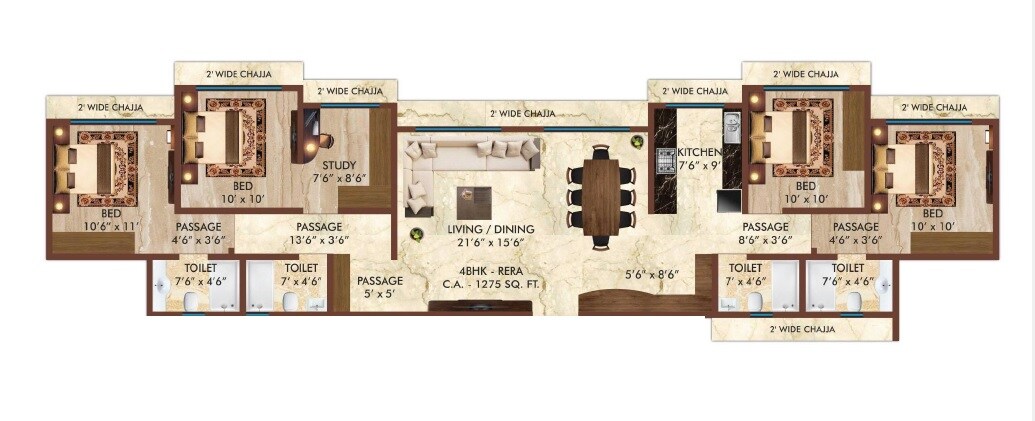 Floor plan of 4 BHK 1275 Sq. Ft. Apartment in Shree Saraswati Co Op Hsg Society Ltd, Mumbai