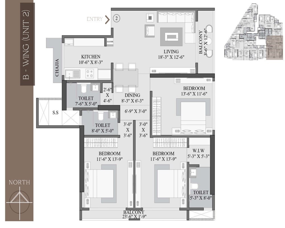Floor plan of 3 BHK 1200 Sq. Ft. Apartment in Shree Suraj Park Grandeur, Mumbai