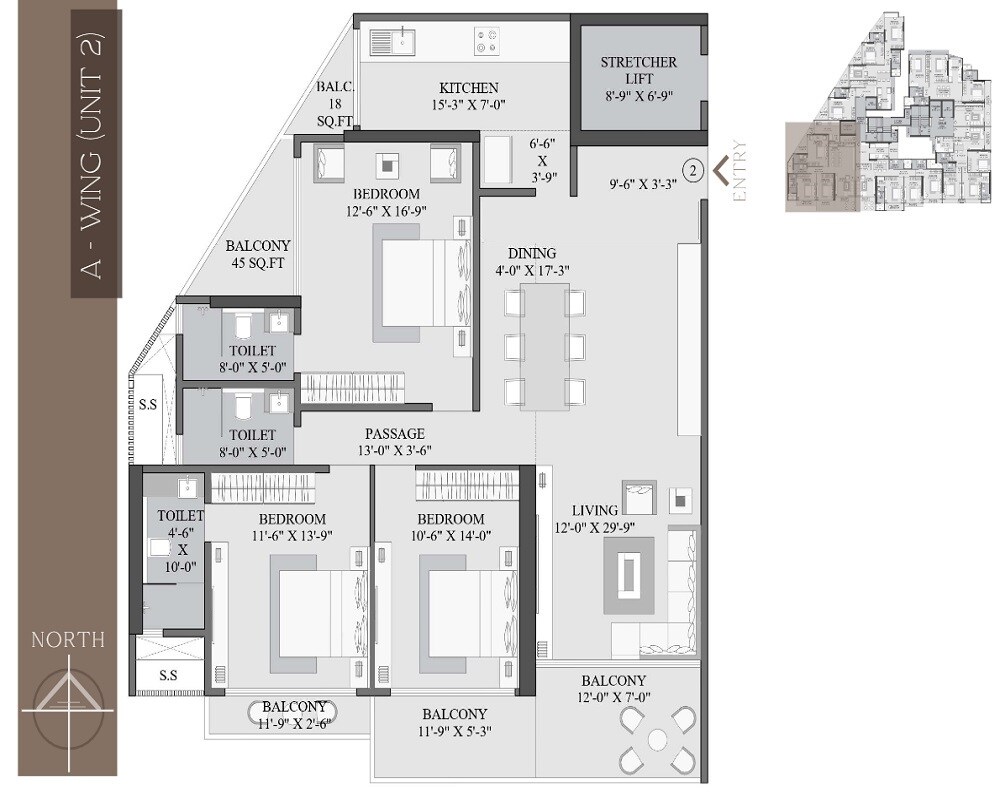 Floor plan of 3 BHK 1364 Sq. Ft. Apartment in Shree Suraj Park Grandeur, Mumbai