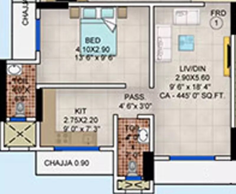 Floor plan of 1 BHK 445 Sq. Ft. Apartment in Shree Swami Samarth Veronica, Mumbai