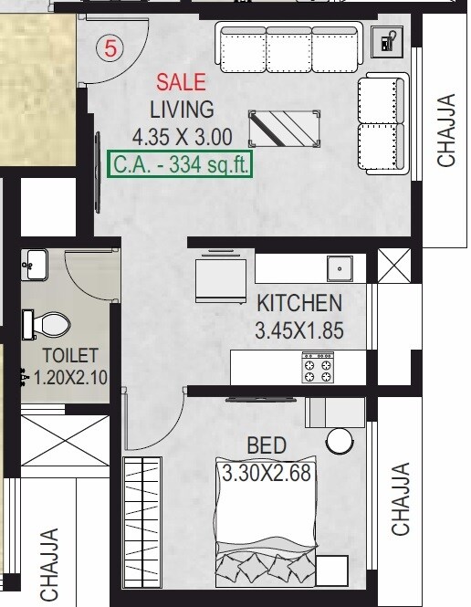 Floor plan of 1 BHK 334 Sq. Ft. Apartment in Shree Swami Vrindavan SRA CHS, Mumbai