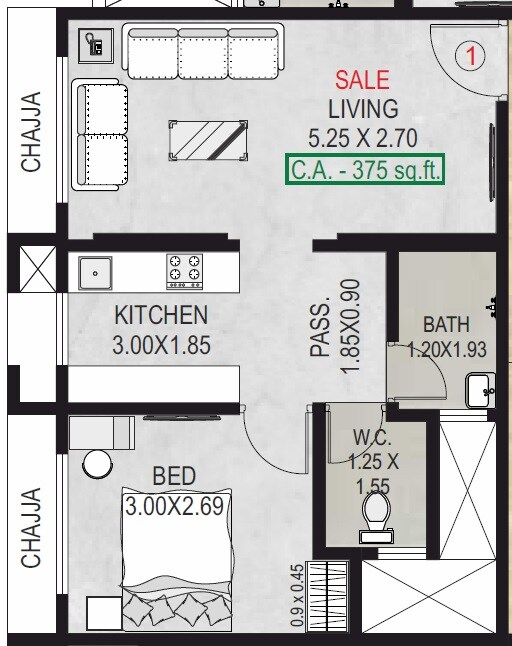 Floor plan of 1 BHK 370 Sq. Ft. Apartment in Shree Swami Vrindavan SRA CHS, Mumbai