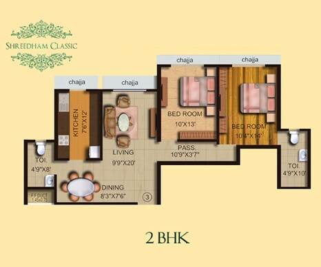 Floor plan of 2 BHK 772 Sq. Ft. Apartment in Shreedham Classic, Mumbai