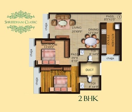 Floor plan of 2 BHK 787 Sq. Ft. Apartment in Shreedham Classic, Mumbai