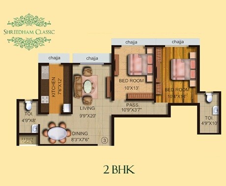 Floor plan of 2 BHK 802 Sq. Ft. Apartment in Shreedham Classic, Mumbai