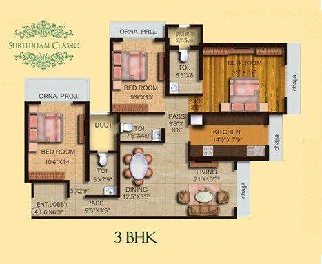 Floor plan of 3 BHK 1017 Sq. Ft. Apartment in Shreedham Classic, Mumbai