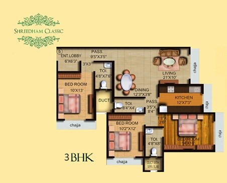 Floor plan of 3 BHK 1395 Sq. Ft. Apartment in Shreedham Classic, Mumbai