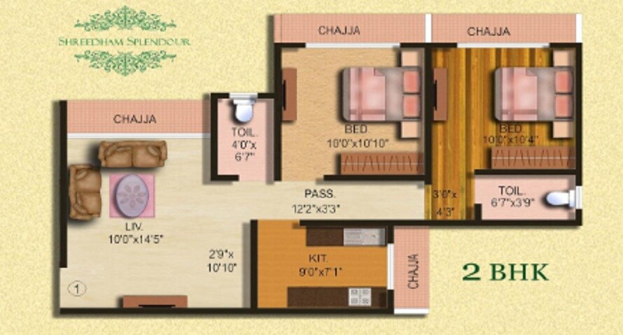 Floor plan of 2 BHK 561 Sq. Ft. Apartment in Shreedham Splendour, Mumbai