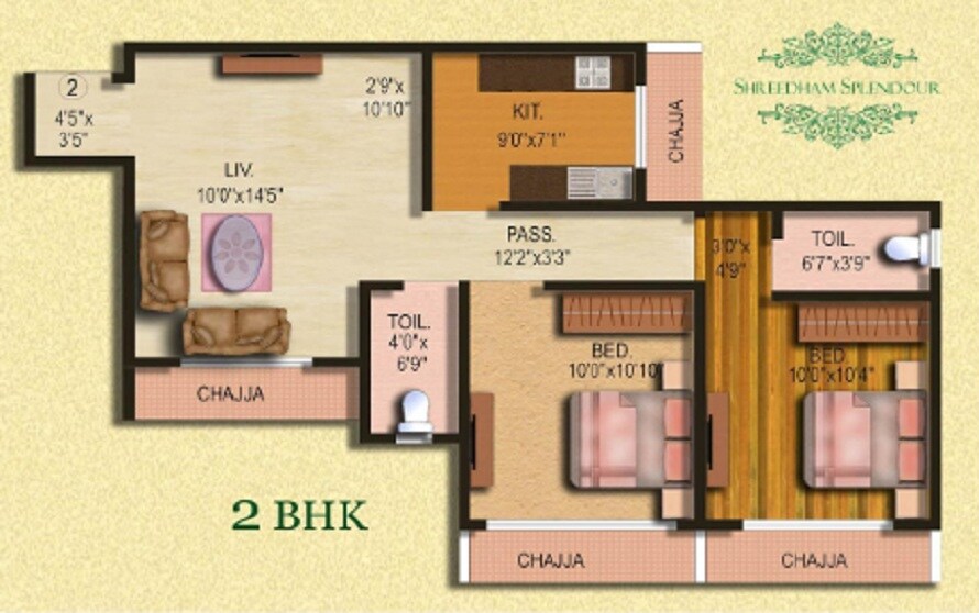 Floor plan of 2 BHK 586 Sq. Ft. Apartment in Shreedham Splendour, Mumbai
