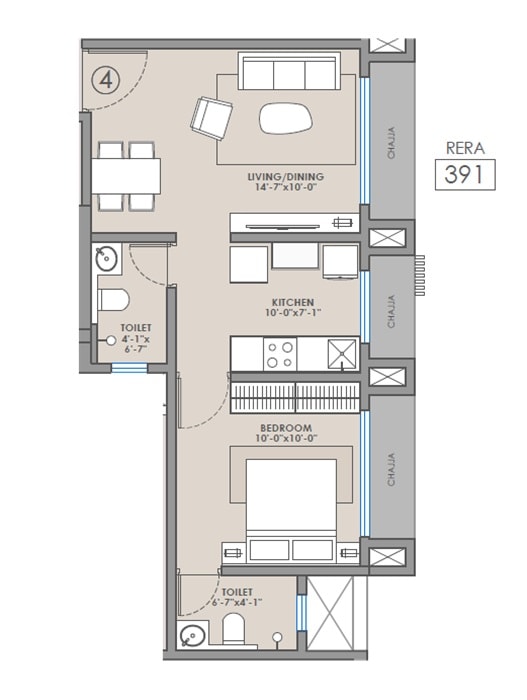 Floor plan of 1 BHK 391 Sq. Ft. Apartment in Shreejee Skymont Siddhi, Mumbai