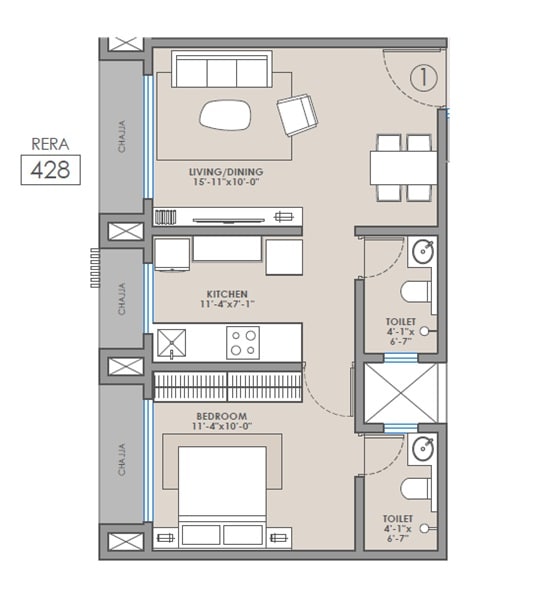 Floor plan of 1 BHK 428 Sq. Ft. Apartment in Shreejee Skymont Siddhi, Mumbai
